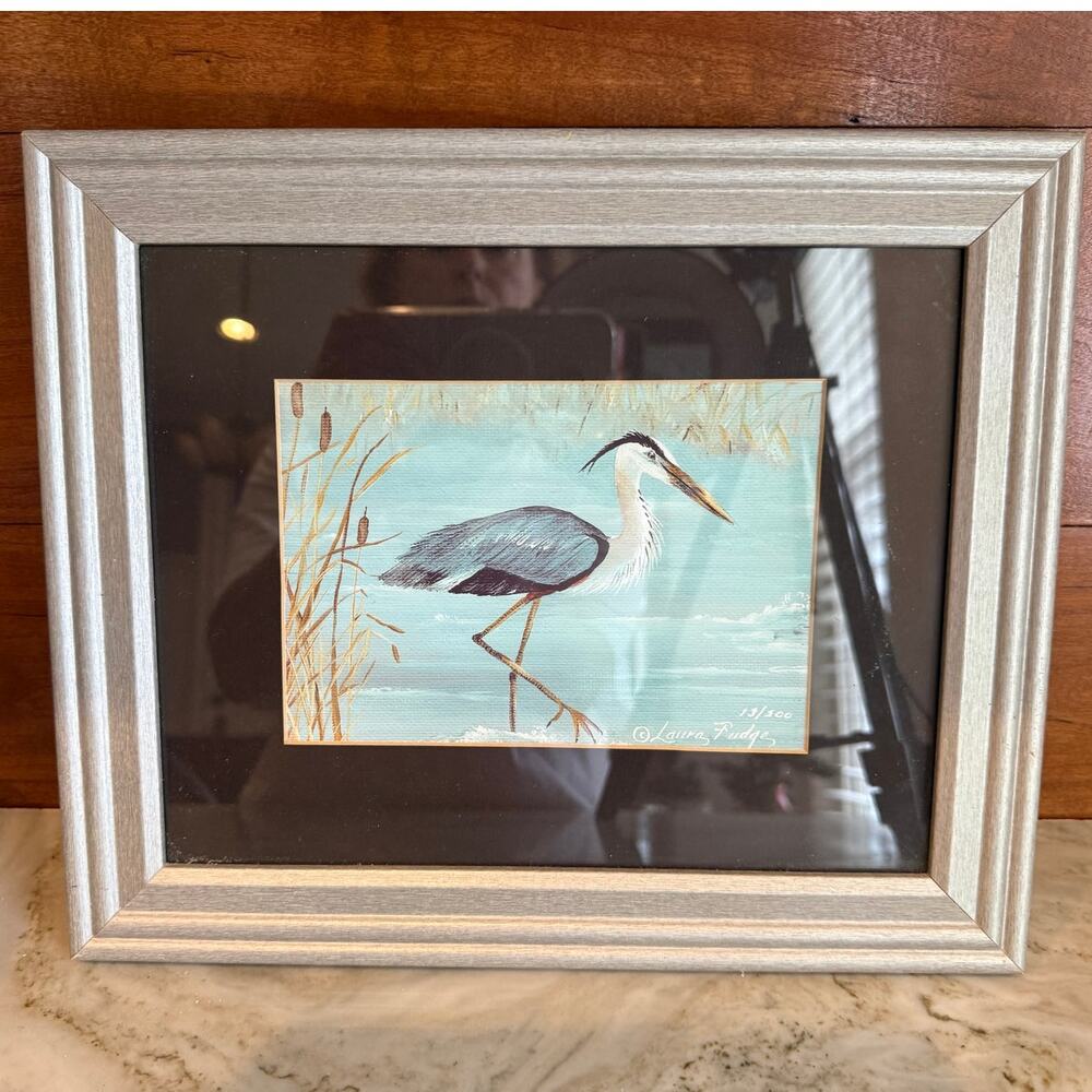 Blue Heron Framed Laura Fudge Canvas Painting Wall Art